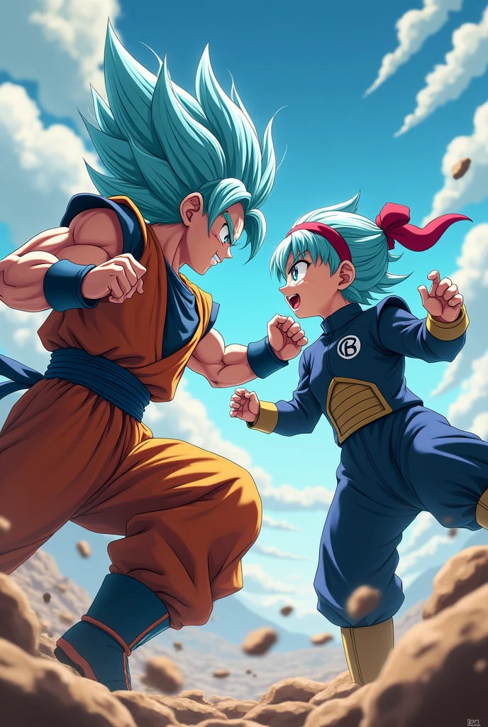 They are goku, goku. against his daughter Bura, right, Dragon Ball GT Bura, girl with light blue hair, blue eyes, dark blue suit, typical armor used by Saiyans, loose hair, bangs, father and daughter, red headband, hair clips