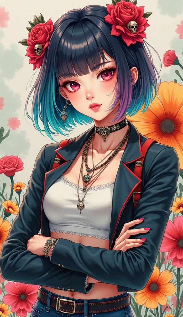 8K quality, watercolor painting, stylish design, (((The strongest beautiful girl of all time))), (((Japanese))), Fashionable hats, (((highest quality))), bob hair, HDR, ((Detailed details)), skull fashion, detailed clothing texture, (((graffiti art))), colorful hair, ((masterpiece))、((Super detailed))、colorful flowers