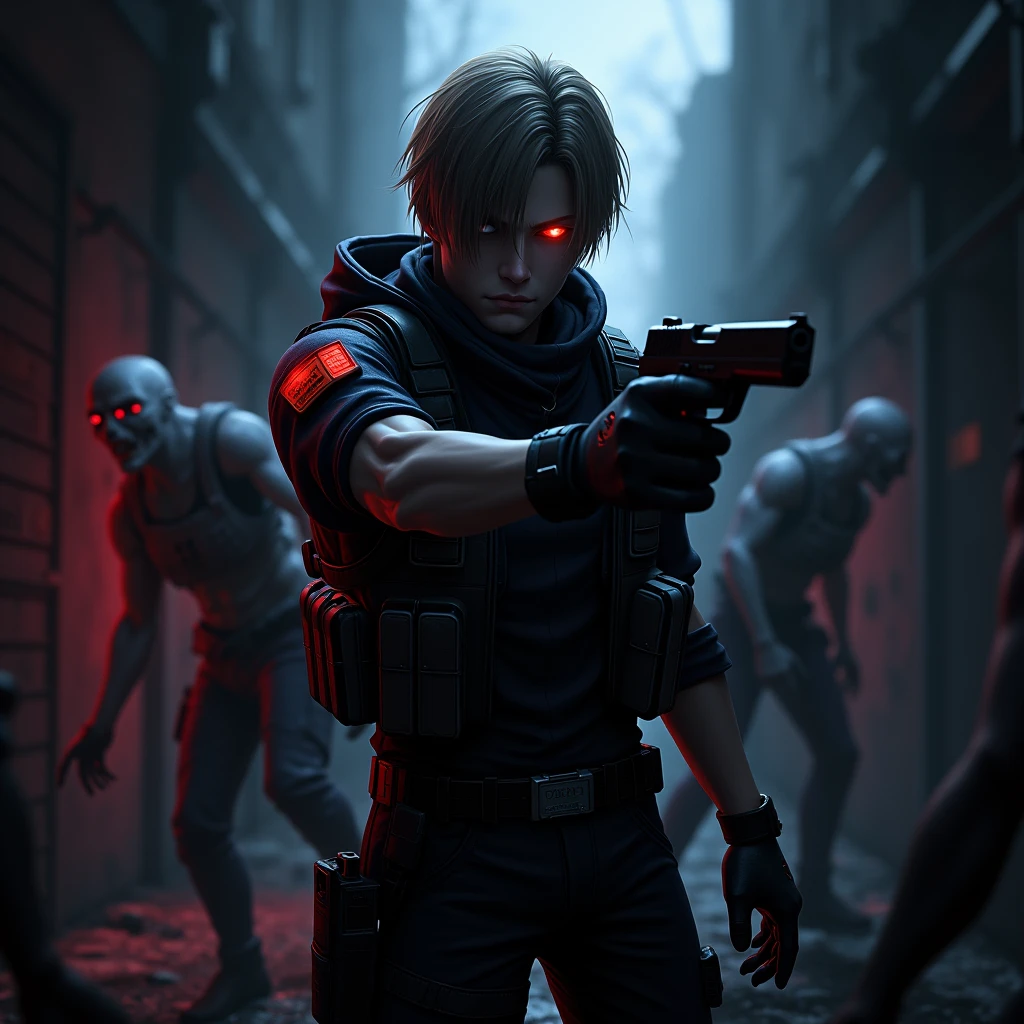 Resident Evil 4 Remake - Leon holding a pistol - neon red eyes - dark atmosphere and dark background - zombies in the background - YouTube Video Cover - anime style