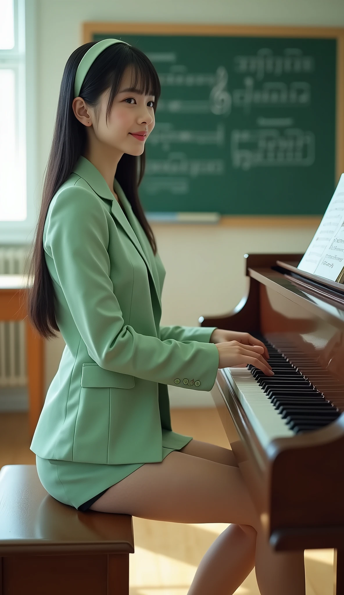 One girl, Japanese 30 years old,A gentle smile with a charming face,High resolution, Highest quality,School Music Room,A simple light green hairband,Straight long hair ,Long, slender legs,White light natural light,Bright visibility all the way to your feet,Black Hair,Light green business suit,Light green mini skirt,Light green patent leather high heels,Shiny black stockings,Black garter belt,Playing the grand piano,Hands on the piano keys,The blackboard in the background has musical staves and notes written on it.,