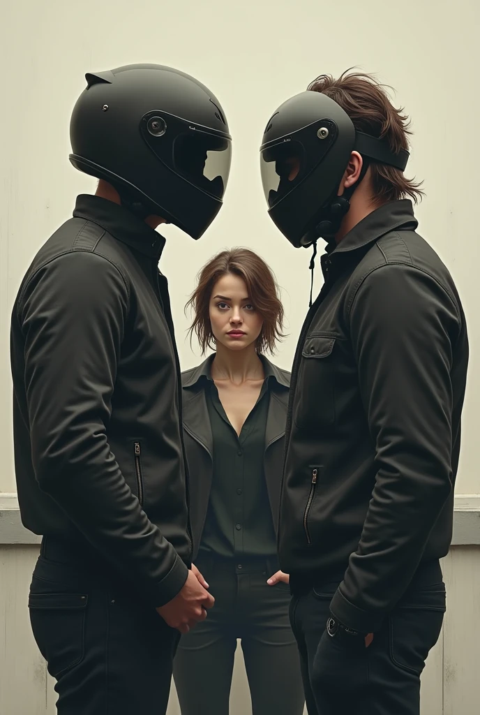 Two men with their backs turned and a woman looking at them semi-realistic Less realistic One with a black motorcycle helmet covering the entire face and another with brown hair