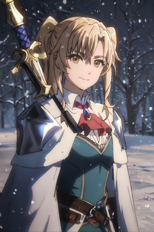 GoblinSlayer, NobleFencer, solo, looking at viewer, smile, simple background, long sleeves, holding, brown eyes, closed mouth, upper body, weapon, outdoors, sword, cape, holding weapon, armor, blurry, fur trim, ascot, no humans, capelet, holding sword, shoulder armor, portrait, snow, close-up, pauldrons, snowing, red ascot, white capelet