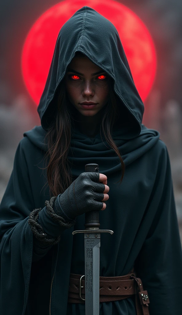 girl assassin in hood and cloak, holding a knife, serious face, eyes glowing, realistic style, upper body, dark sky blood moon background, horror