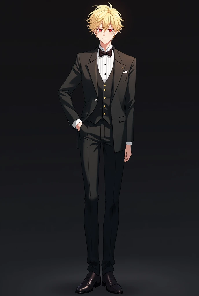 Make me an adult anime man. (Butler outfit.)(Fluffy, messy, blonde hair.), (Red eyes.),(Freckles), (blushing slightly), (smiling brightly; eyes open.), Ikemen, (Pale with vampire teeth), Dark outfit (One person only) ADULT