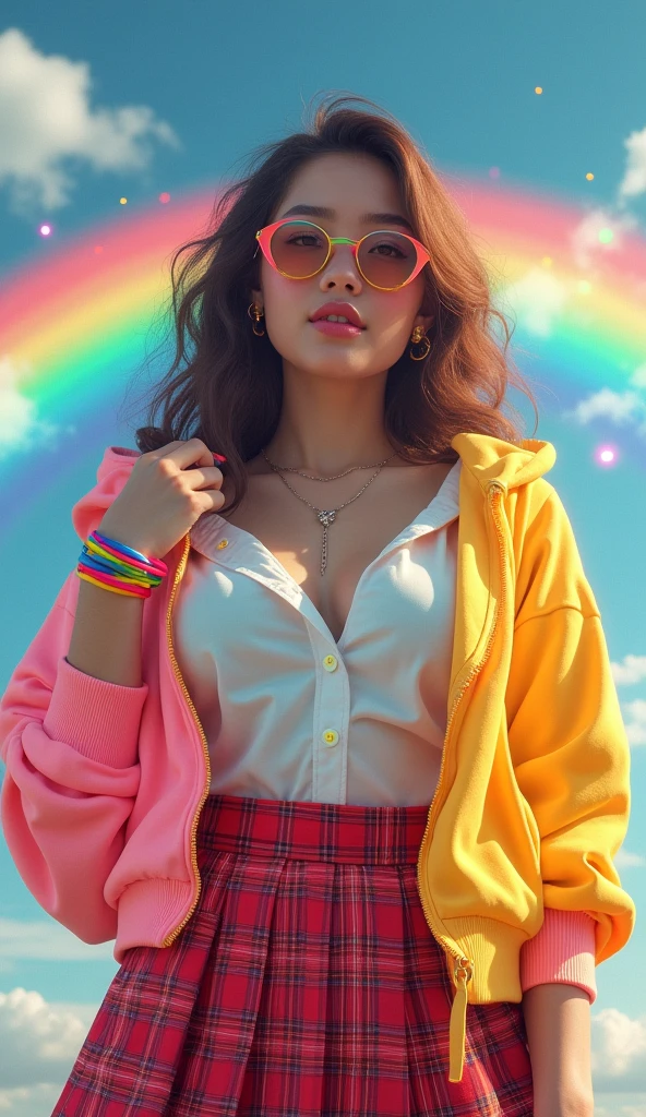 ((worst quality, low-quality)), masutepiece, Best Quality, ultra-detailliert, masterpiece, (Background of a big rainbow in the blue sky), (close-up: 1.3), (face focus: 1.4), (gals:1.2), ((big breasts)), (((Looking back))), (cute Pose:1.2),(Uniform: 1.2), (Wear a rainbow-colored oversized zip hoodie on top: 1.4), (White collared shirt that fits the body: 1.3), (Red Plaid Pleated Skirt:1.3), plump shiny lips, Beautiful clear eyes, (The best smile), Spoken Heart, ((Necklace,Colorful bracelets,X Hair Ornament):1.2), (Rainbow-colored frame under-rim glasses:1.4), ((glow rainbow)), (rainbow particles, rainbow sparkles, rainbow rays:1.4),