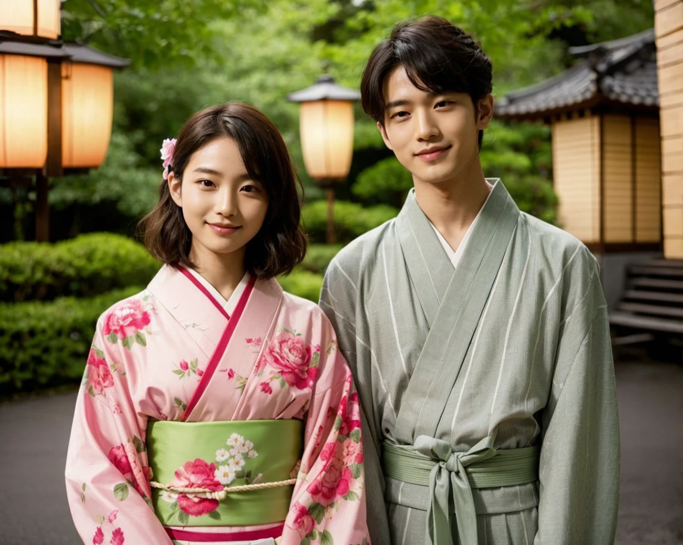 Tranquil outdoor scene featuring a young Asian couple wearing traditional Japanese clothing. This woman with neatly styled hair wore a pink floral kimono with bright rose motifs, combined with a light green obi belt. He smiled gently. The man with short curly hair, standing next to her, wore a simple yet prominent light gray yukata, complemented by a dark gray obi. Both stand in a lush garden, with delicate traditional Japanese lanterns.