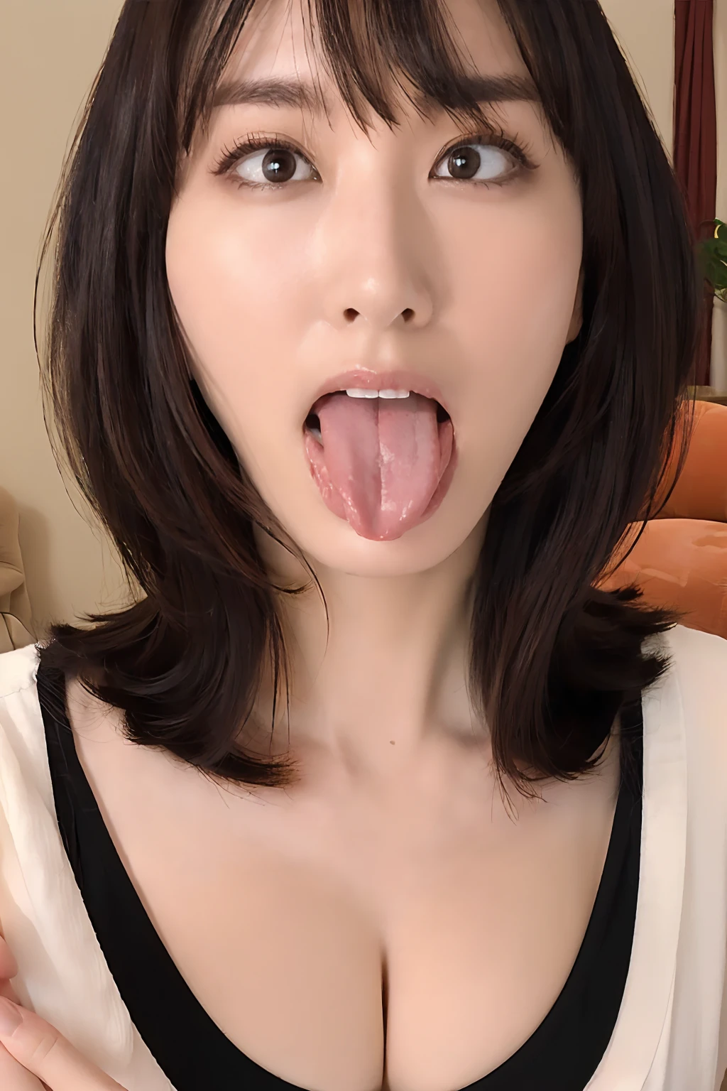 masterpiece, Highest quality, Cinema Lighting, (Close up on face, Sticking out a long tongue, Holding:1.5), Yui Aragaki, Lots of eyelashes, (Trimmed bangs, Black Hair, Bobcut:1.3), Makeup for a date, (simple loungewear, flat chest, Cleavage:1.3), (living room:1.3)