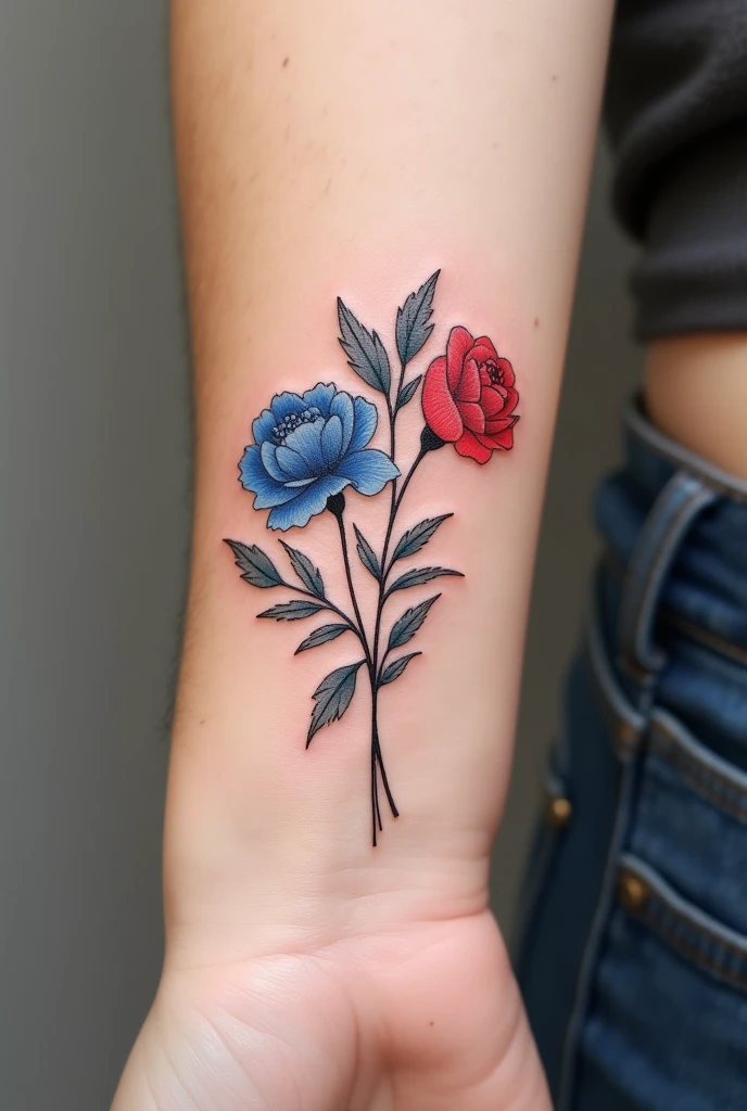 tattoo femenino y minimalista de un clavel azul y una rosa roja en forma de ramo. tattoo