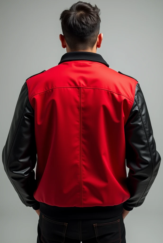 Promotion jacket made of red fabric with black leather sleeves