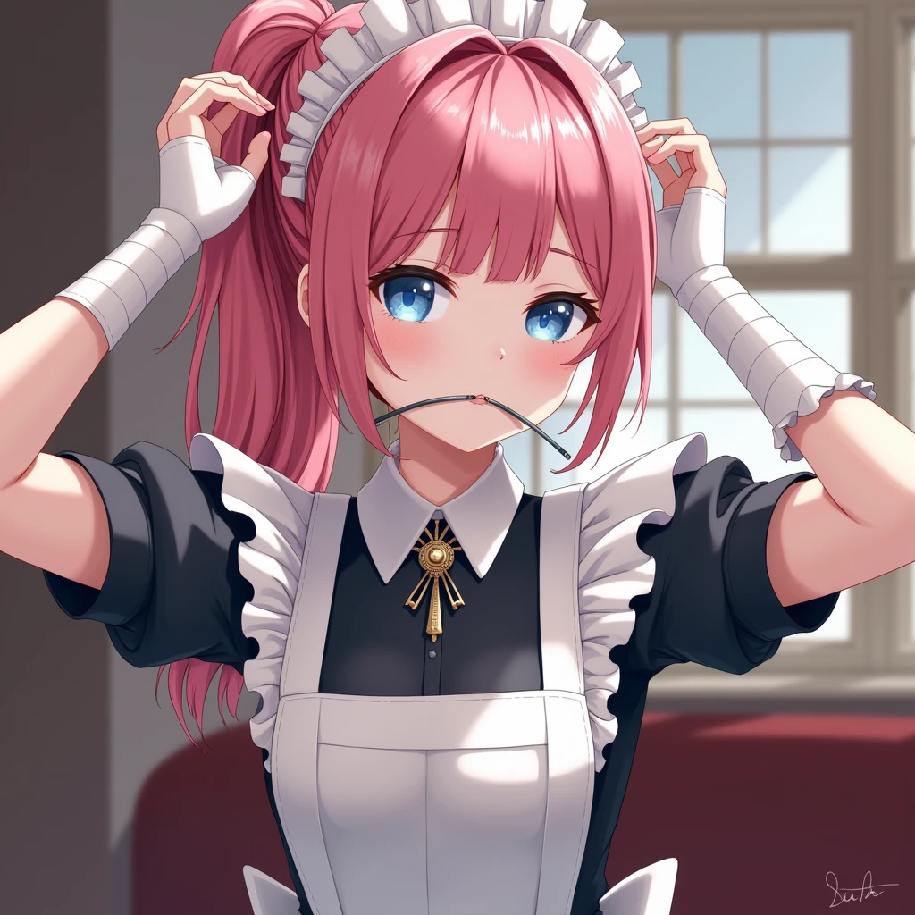 score_9, score_8_up, score_7_up, arms up, ponytail, tying hair, adjusting hair, mouth hold, hair tie in mouth, feliciadef, pink hair, ponytail, blue eyes, maid headdress, brooch, maid apron, black thighhighs, bridal gauntlets,