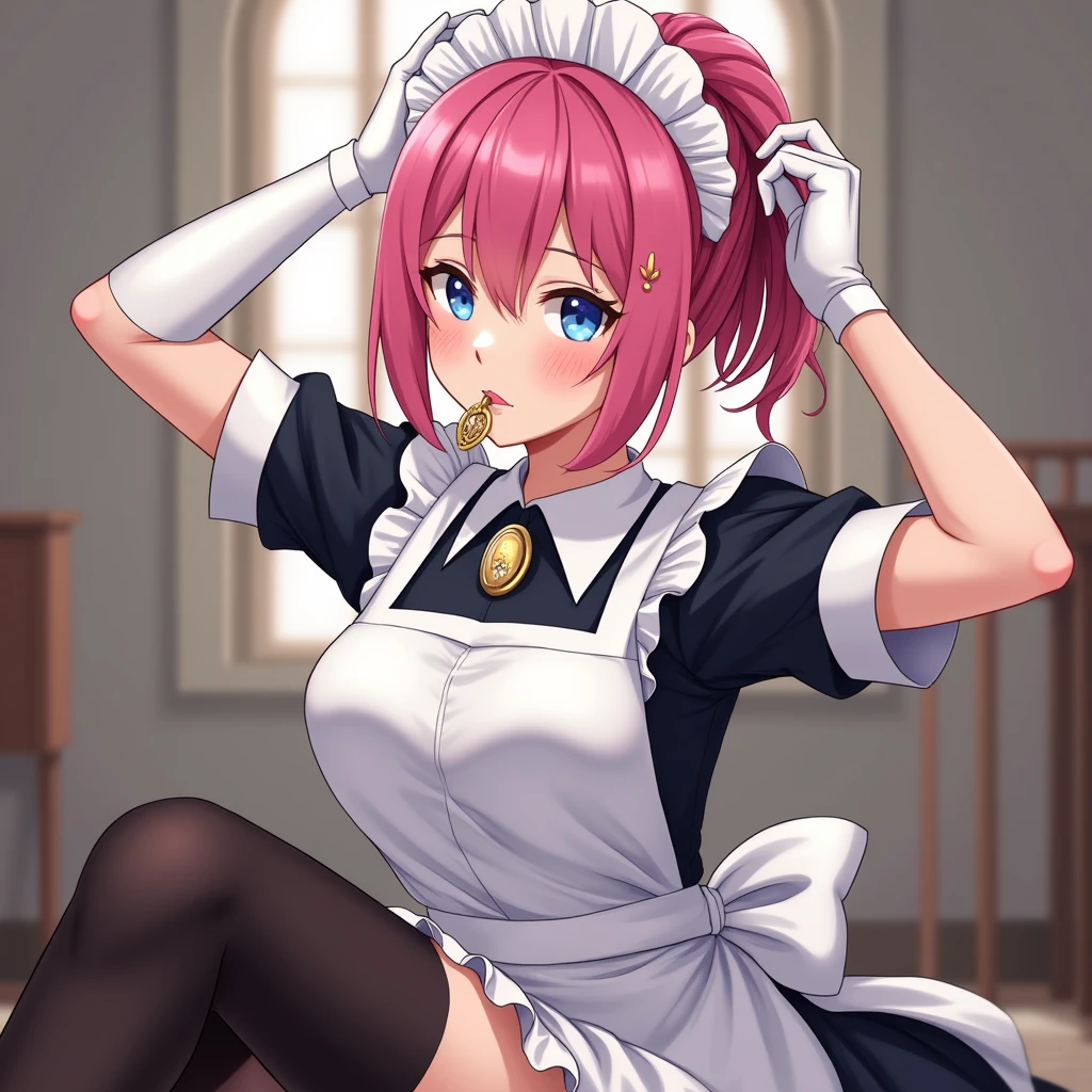 score_9, score_8_up, score_7_up, arms up, ponytail, tying hair, adjusting hair, mouth hold, hair tie in mouth, feliciadef, pink hair, ponytail, blue eyes, maid headdress, brooch, maid apron, black thighhighs, bridal gauntlets,