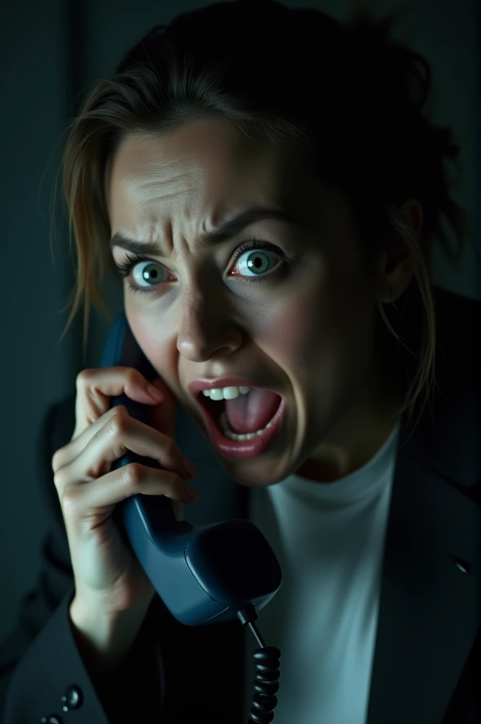 Image of a woman answering the phone in great fear 