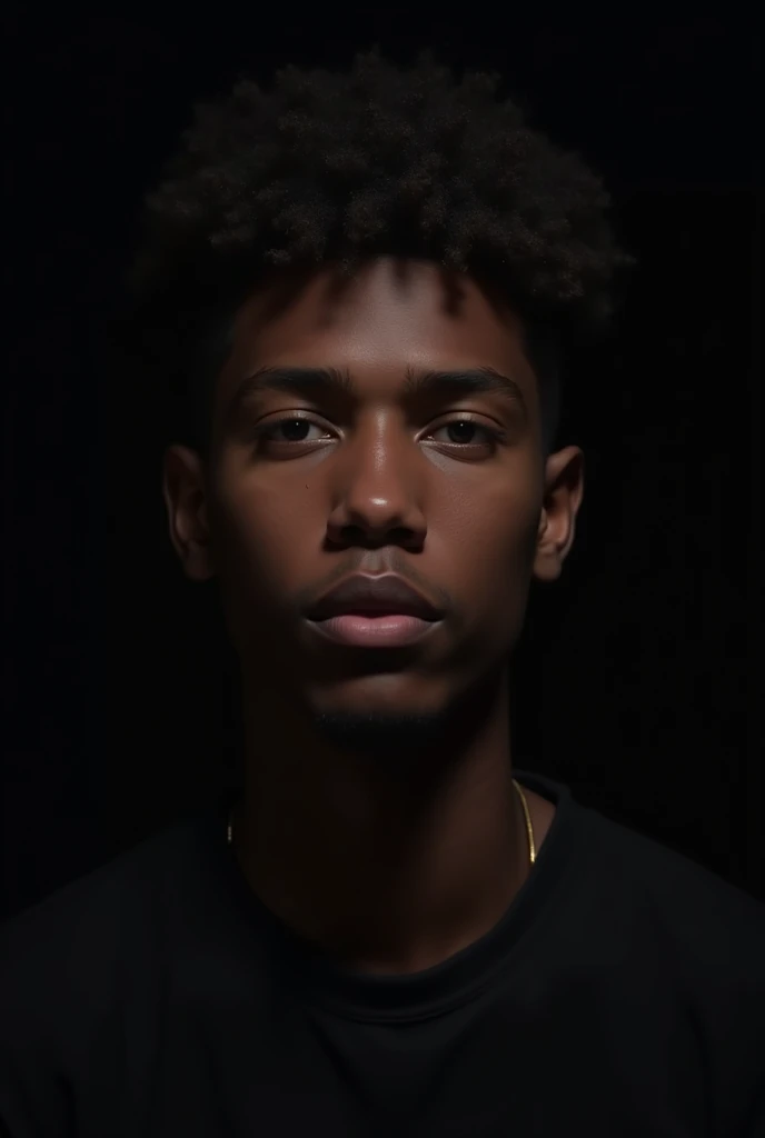 A 20 year simple boy dark face and the background is black
