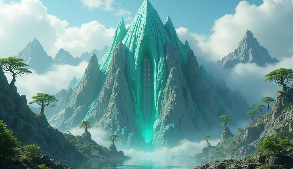 There is a high mountain,Half of the mountain is smooth jade,The other half is covered with strange-shaped trees.(best quality,4K,8k,High level,masterpiece:1.2),Ultra Detailed,(lifelike,Photo real,Photo real:1.37)