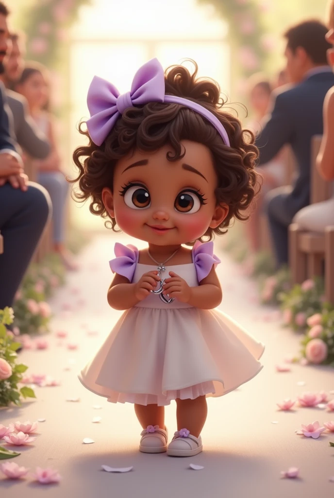 I want a baby who looks like me, brown with eyes like mine and chubby cheeks, with curly brown hair with a comb and a lilac bow. I want her little outfit, a little dress with lilac details. realistic image entering the wedding with the rings