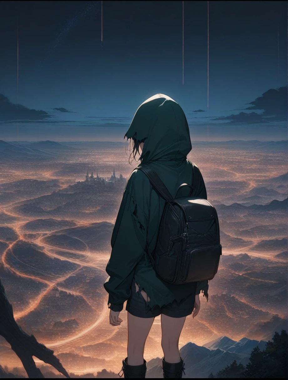 score_9, score_8_up, score_7_up, score_anime, masterpiece, top quality, delicate illustration, sharp lines, sharp focus, BREAK, a traveling girl wandering in the endless night world, the girl wears a hood and has a lot of stuff in her backpack, night , fantastic landscape, beautiful scenery, harmony with nature, spectacular view, futuristic city, (((torn clothes))), (((torn hood))),shorts,boots