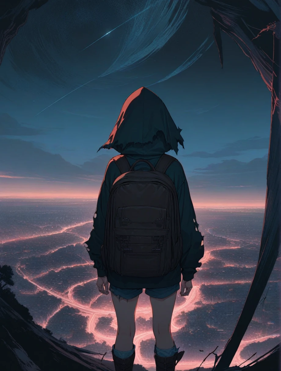 score_9, score_8_up, score_7_up, score_anime, masterpiece, top quality, delicate illustration, sharp lines, sharp focus, BREAK, a traveling girl wandering in the endless night world, the girl wears a hood and has a lot of stuff in her backpack, night , fantastic landscape, beautiful scenery, harmony with nature, spectacular view, futuristic city, (((torn clothes))), (((torn hood))),shorts,boots