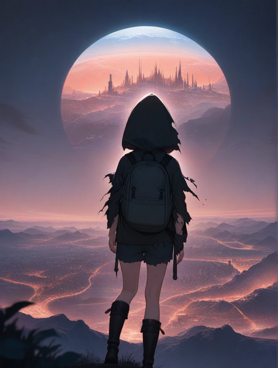 score_9, score_8_up, score_7_up, score_anime, masterpiece, top quality, delicate illustration, sharp lines, sharp focus, BREAK, a traveling girl wandering in the endless night world, the girl wears a hood and has a lot of stuff in her backpack, night , fantastic landscape, beautiful scenery, harmony with nature, spectacular view, futuristic city, (((torn clothes))), (((torn hood))),shorts,boots