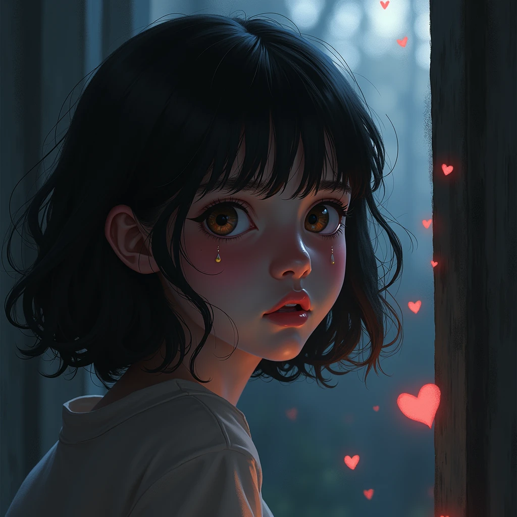 Beauty, chiaroscuro, rays of light, play of shadow and light, cinematic style, Manga-style girl, tear-streaked, desaturated color palette, soft focus, shallow depth of field, visible brush strokes, heart motifs, high emotional impact, emotive digital painting, poignant scene, atmospheric mood, watercolor, trending on ArtStation, sharp focus, studio photo, intricate details, in the style of Jean Baptiste Monge, Thomas Kinkade, David Palumbo, Carne Griffiths, cinematic, highly detailed.