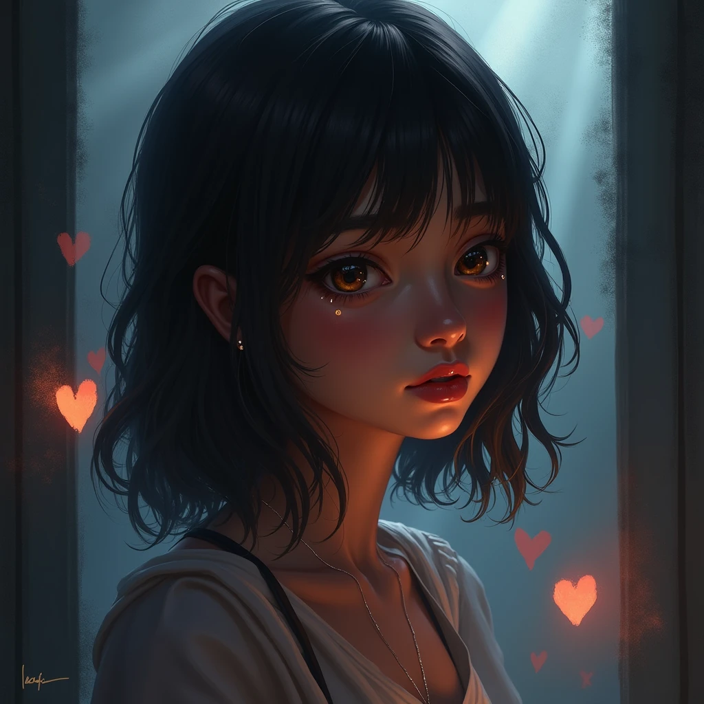 Beauty, chiaroscuro, rays of light, play of shadow and light, cinematic style, Manga-style girl, tear-streaked, desaturated color palette, soft focus, shallow depth of field, visible brush strokes, heart motifs, high emotional impact, emotive digital painting, poignant scene, atmospheric mood, watercolor, trending on ArtStation, sharp focus, studio photo, intricate details, in the style of Jean Baptiste Monge, Thomas Kinkade, David Palumbo, Carne Griffiths, cinematic, highly detailed.