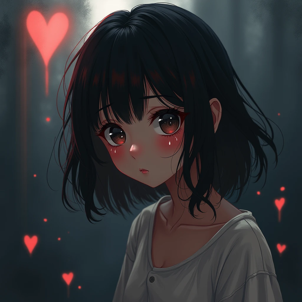 Beauty, chiaroscuro, rays of light, play of shadow and light, cinematic style, Manga-style girl, tear-streaked, desaturated color palette, soft focus, shallow depth of field, visible brush strokes, heart motifs, high emotional impact, emotive digital painting, poignant scene, atmospheric mood, watercolor, trending on ArtStation, sharp focus, studio photo, intricate details, in the style of Jean Baptiste Monge, Thomas Kinkade, David Palumbo, Carne Griffiths, cinematic, highly detailed.