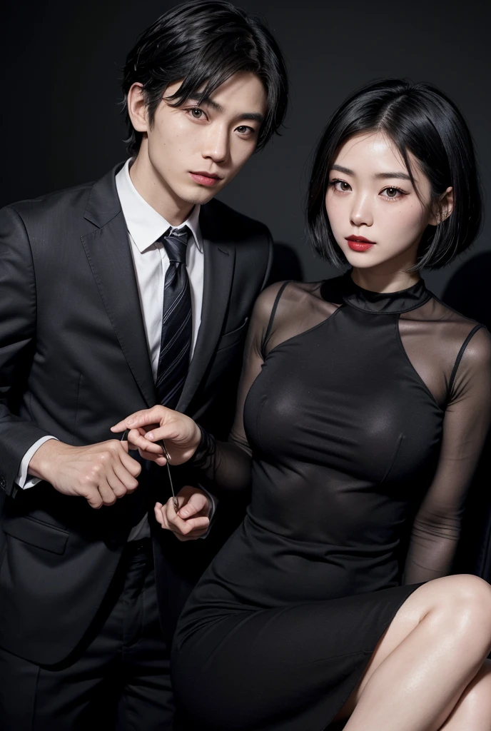 A 2 Japanese woman, with short black hair, and a short black dress, with red lipstick. And a 1 Japanese guy with black hair and black eyes too, in a suit