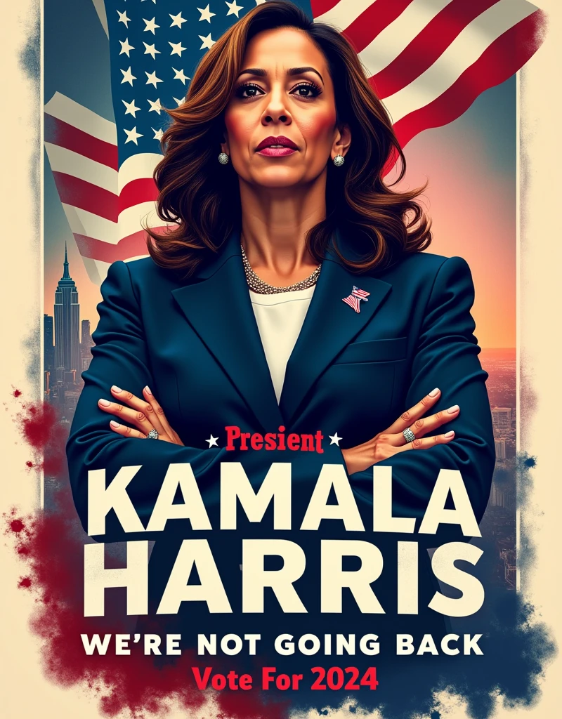 [Core Concept] A powerful and inspirational campaign poster for a President Kamala Harris, WE'RE NOT GOING BACK, Vote For 2024 
[Character Description] The central figure is a confident, determined Kamala Harris , her gaze direct and unwavering as she projects an air of strength and leadership. 
[Environment/Background] The background is a blend of patriotic imagery, including a waving American flag, symbols of , and a sleek, modern cityscape that suggests progress and innovation. 
[Style and Atmosphere] The overall aesthetic is bold, dynamic, and visually striking, with a color palette of rich reds, whites, and blues that convey a sense of American pride and determination. 
[Composition] The composition is balanced and symmetrical, with the candidate's portrait taking center stage and the campaign slogan prominently displayed in a clean, impactful font. 
[Details and Embellishments] Subtle design elements, such as subtle patterns or geometric shapes, add depth and visual interest to the poster, while the candidate's confident pose and attire suggest her professionalism and gravitas. 
[Technical Specifications] The poster is designed for high-resolution printing, with a clean, modern layout that would be eye-catching and memorable when displayed in public spaces.
