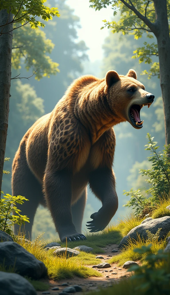 A hybrid creature with the body of a bear and the long neck and patterned skin of a giraffe stands in a lush, sunlit forest. Its mouth is open in a fierce roar, showcasing sharp teeth. Surrounding it are tall trees and vibrant green foliage, with patches of bright grass and rocky elements on the ground. The overall scene is illuminated by soft, natural light filtering through the canopy.