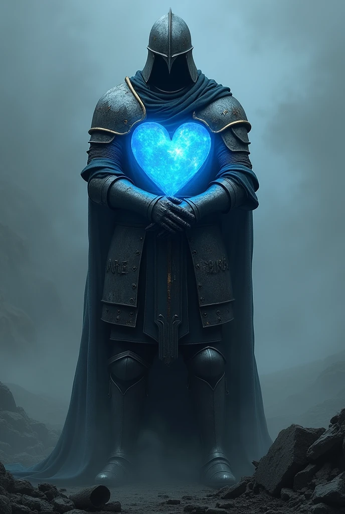 Medieval knight with helmet covering his damaged face hugging a blue heart 