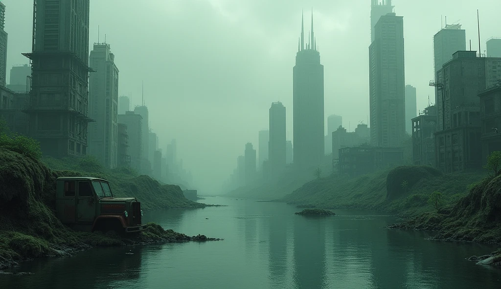 Abandoned city half submerged in water