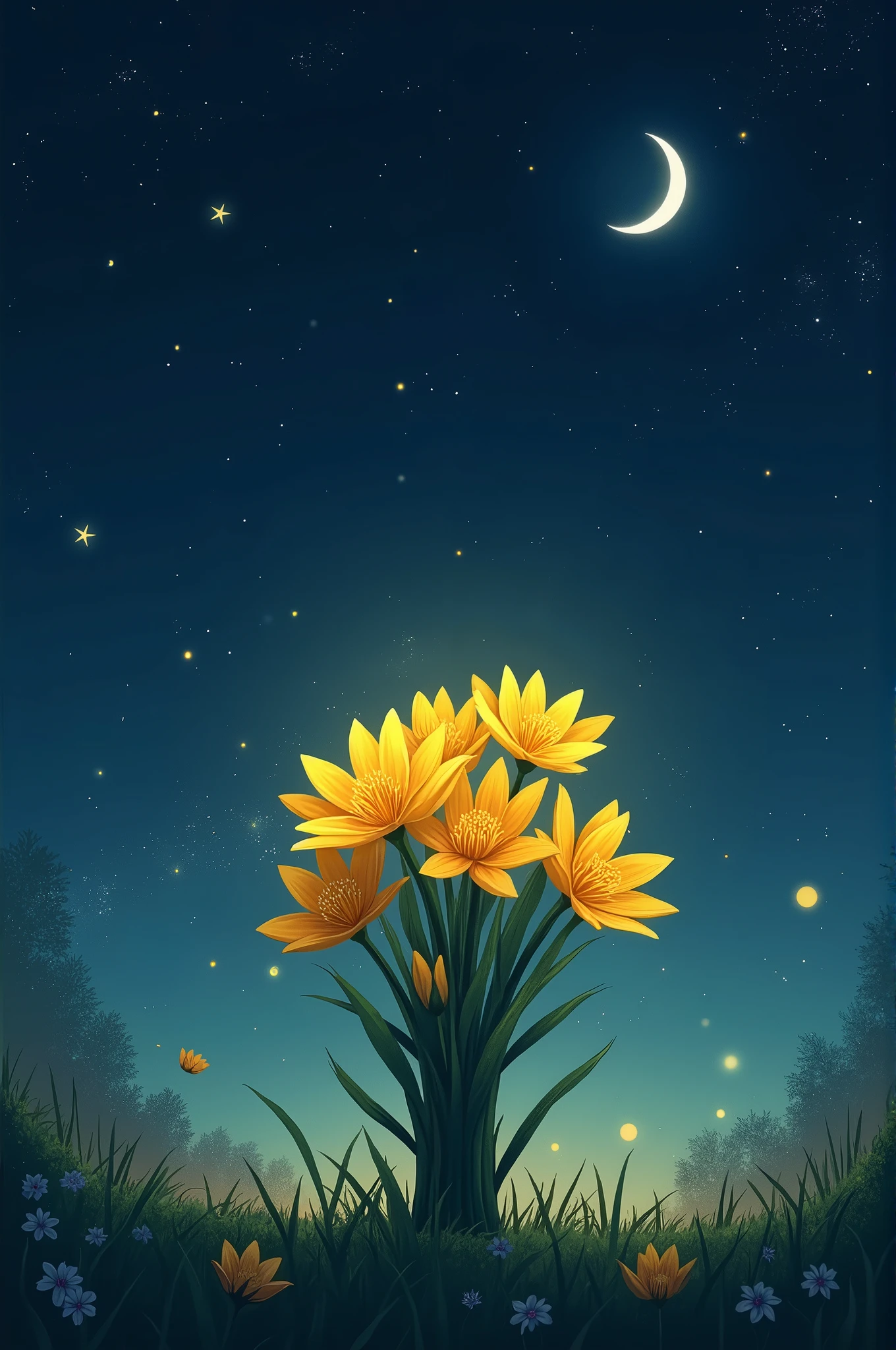 Dark night starry sky with a moon with a bouquet of yellow flowers 