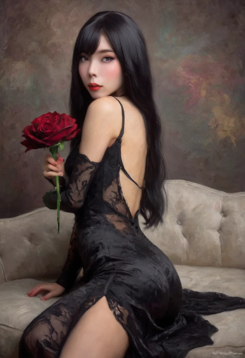 a cute Yuna in cosplay as Morticia Adams, beautiful detailed eyes, beautiful detailed lips, extremely detailed eyes and face, long eyelashes, slinky black dress, deep v down middle, deep thigh slits, sultry pose, holding a black rose, 8k, best quality, high resolution, masterpiece, ultra-detailed, realistic, photorealistic, HDR, studio lighting, extreme detail description, vivid colors, dark gothic, chiaroscuro lighting, moody atmosphere, dramatic lighting
