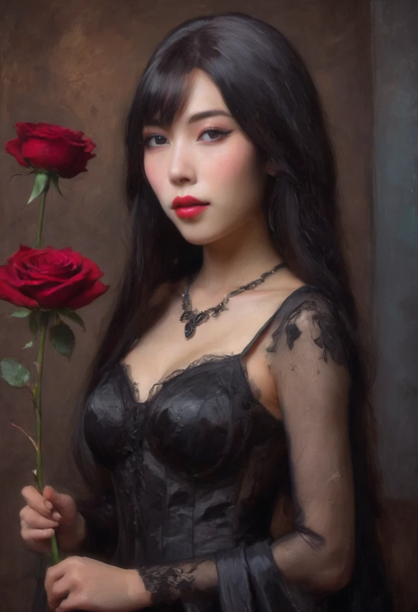 a cute Yuna in cosplay as Morticia Adams, beautiful detailed eyes, beautiful detailed lips, extremely detailed eyes and face, long eyelashes, slinky black dress, deep v down middle, deep thigh slits, sultry pose, holding a black rose, 8k, best quality, high resolution, masterpiece, ultra-detailed, realistic, photorealistic, HDR, studio lighting, extreme detail description, vivid colors, dark gothic, chiaroscuro lighting, moody atmosphere, dramatic lighting
