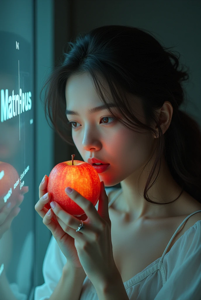 Beautiful woman biting an apple looking at screen writing "Matheus"