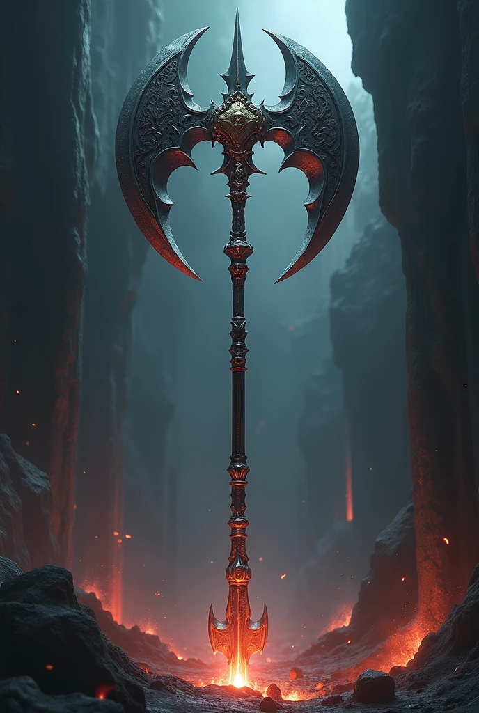 Halberd of hell abbys, halberd super detailed((search image of halberd for reverence)),1 meter halberd Long,abbys aura,dark abbys,mysterious red and black dark halberd,silver pattern and golden rune around,abbys dark,dark style,evil ways, demonic God weaponery,evil background,destruction everywhere, ultra hd,24K ultra hd, better quality, masterpiece, ultra realistic halberd