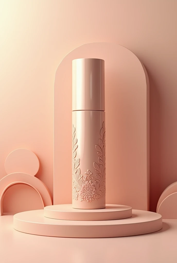 Create a foundation with elegant, floral packaging and colors that are beige and rosewood, that the shape is cylindrical and the product can be seen, and that the name of the product is pink petal. That the name is Pink petal.

