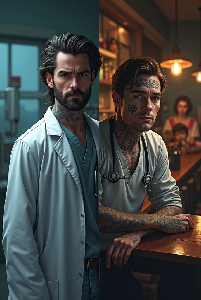 one of a doctor working. 2Another one of the same but all tattooed in a bar and drinking alcohol. Finally, he is enjoying himself with his family, but they seem like different people.