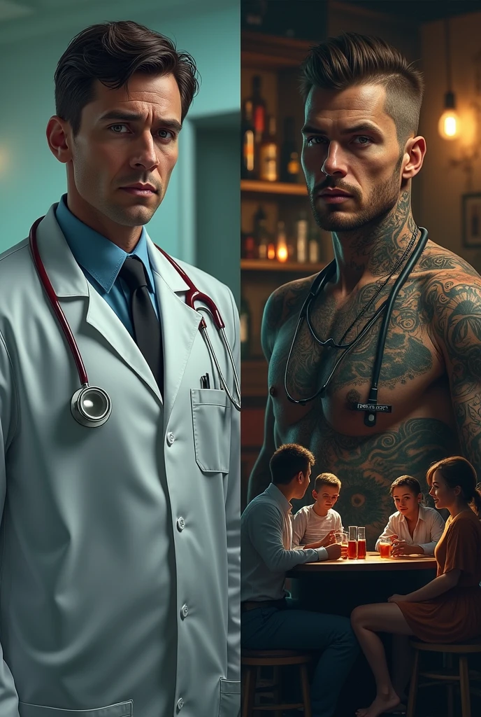 one of a doctor working. 2Another one of the same but all tattooed in a bar and drinking alcohol. Finally, he is enjoying himself with his family, but they seem like different people.