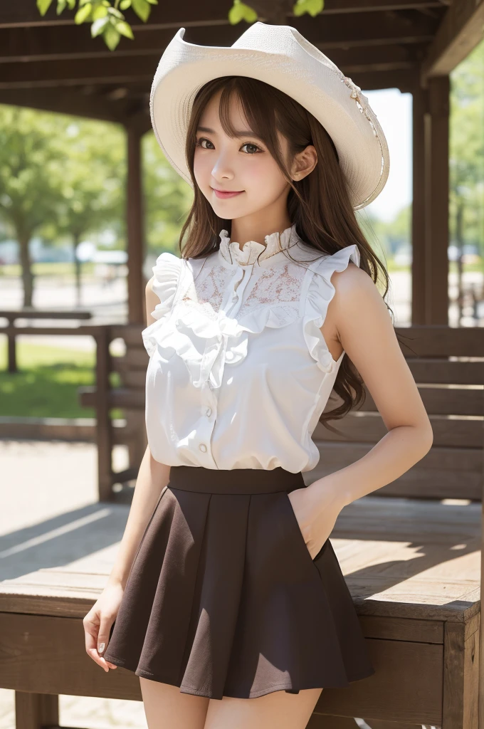 (8k, RAW photo, best quality, masterpiece:1.2), (realistic, photo-realistic:1.4), ultra-detailed, perfect anatomy, perfect limbs, perfect hand, depth of field, wide shot, cute japanese model pictures, Beautiful Face, in a summer park, (brown eyes), (dark blonde loosely curled hair.), She is looking at this way, smiling, She has blunt artificial nails, She is standing shyly in front of the bench, facing me., BREAK, (Ultra micro mini frilled skirt), (White sleeveless blouse), ((cowboy shot)),