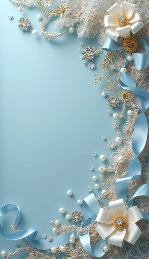 A luxurious, high-resolution masterpiece of a light blue and gold elegant template design, blending the refined sophistication of Victorian era charm with the soft, romantic nuances of Shabby Chic style. Delicate lace, luminous pearls, sparkling diamonds, and intricately tied ribbons adorn this exquisite creation, evoking a sense of opulence and refinement. Rendered in breathtaking, ultra-high definition, 8K resolution, with meticulous attention to detail and a hyper-realistic quality that invites the viewer to step into its sumptuous world.
