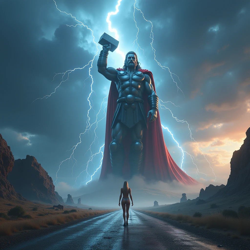 ((work of art)),(best qualityer)),greek style,in the universe,A huge statue of the god Thor stands in space,Lightning in the sky, Look to the camera,Thor standing,Thor holding the hammer in his right hand, glimmering,glow effect,fully blonde woman with big ass ohe road,Hyper-Realism,hyperphotorealism,real photography,8k,High definition,high qualiy,work of art,very well, (((offwhite))),Discoloration,blurring,inking,8k,very well,high qualiy,(((oc renderer)))
