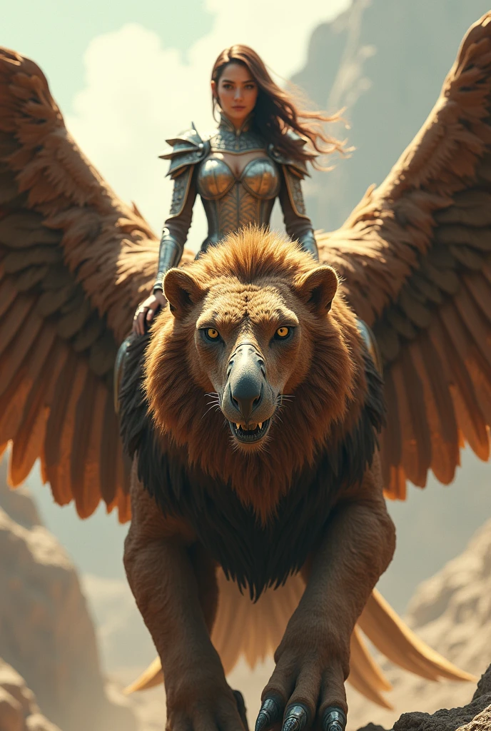 A griffin with its wings spread, the wings and upper body of an eagle, the body of a lion, a sharp beak, a beautiful and powerful figure, and a princess wearing armor on its back, ((masterpiece, Highest quality, Best image quality, High resolution, Realistic, RAW Photos, 8k)), ((Highly detailed CG synthesis 8k wallpaper)), (Huge and stunning goddess shot, Very hot and sexy, Incredible beauty, Perfect Proportions, Beautiful body, Slim body beauty:1.4), front view,