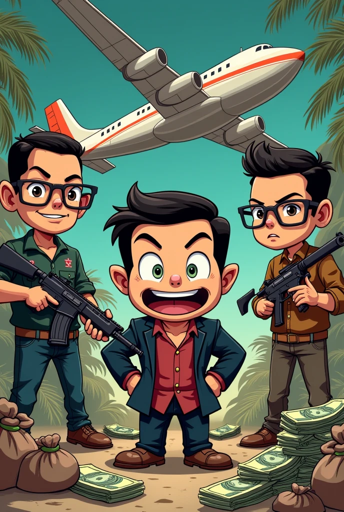 DANIEL THE NAUGHTY CARTOON IN THE MIDDLE WITH BAGS OF DOLLARS AND TO HIS LEFT SERAFIN ZAMBADA WITH AN ASSAULT RIFLE AND TO HIS RIGHT A Cessna PLANE 