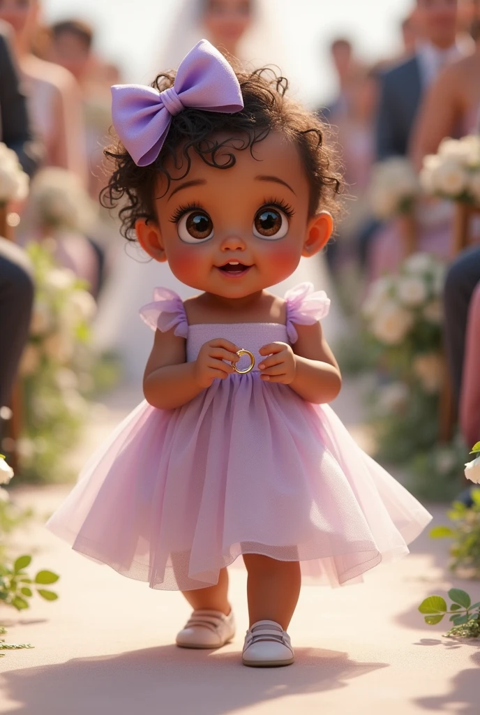 I want a  who looks like me, brown with eyes like mine and chubby cheeks, with curly brown hair with a comb and a lilac bow. I want her little outfit, a little dress with lilac details. realistic image entering the wedding with the rings 
