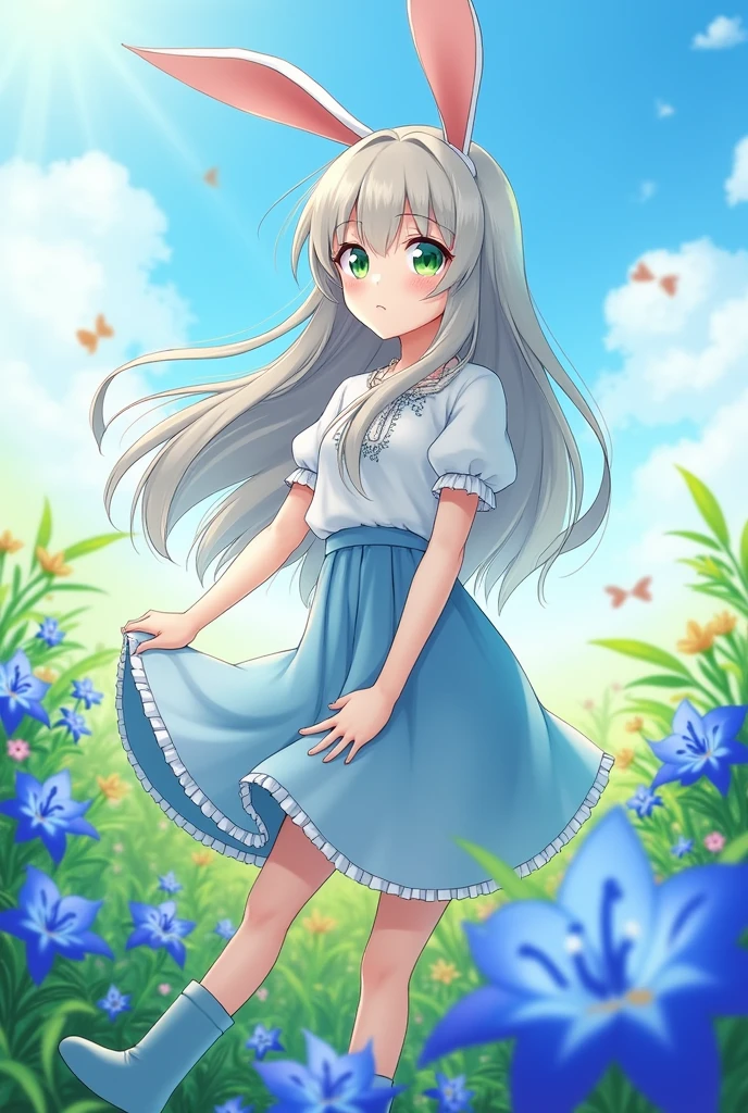 Main Character:
Bunnyx Chronia Aurelia is featured prominently on the cover. She has long, gray hair that cascades gently down to her waist. Her large green eyes are deep and expressive, and her naturally rosy cheeks add a touch of sweetness to her face. She wears a light blue skirt and a matching cotton blouse with subtle white details, along with light blue boots, completing her elegant and angelic look.
Background:
Bunnyx is set against a field of flowers, surrounded by blue lilies and other colorful blooms. The sky is clear and sunny, with soft lighting that highlights the delicate beauty of the character. A gentle breeze makes her gray hair sway slightly, and the atmosphere of the field reflects her calm and serene nature.