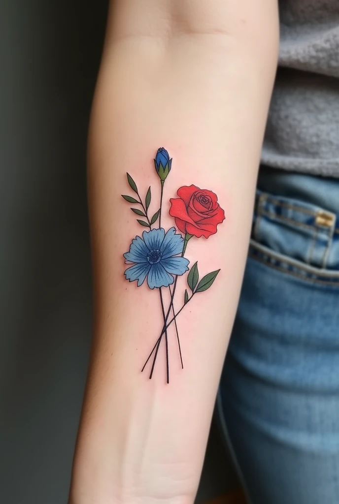 tattoo femenino y minimalista de un clavel azul y una rosa roja en forma de ramo. tattoo