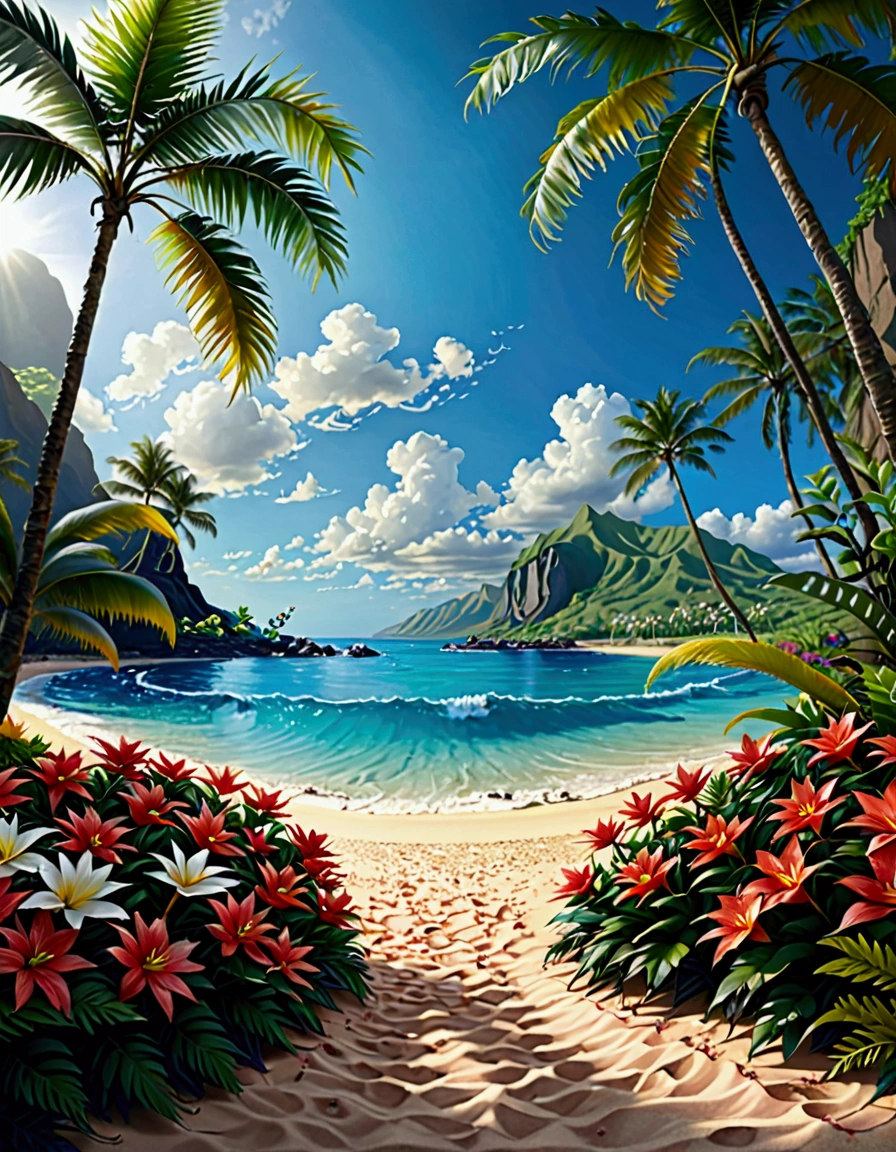 hawaii beach palm trees flowers colors, realistic in a panoramic dimension, with lots of vegetation, ultra realistic photo, with surfboards