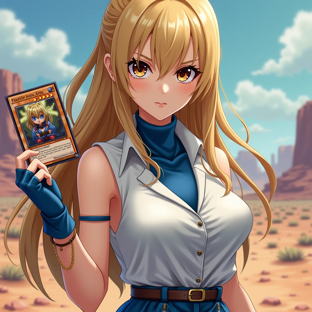 harayu, score_9, score_7_up, source_anime BREAK 1girl, cowboy shot, looking at viewer, uncensored, upper body, close-up,
asukatj_def, brown eyes, blonde hair, long hair, hair between eyes, sleeveless shirt, white shirt, blue gloves, fingerless gloves, blue skirt, turtlneck, holding yugioh card, yugioh card, hand up,
large breasts, skindentation,lips, blush, open mouth, determined, 
desert, reflections, hazy sky, __colors__,