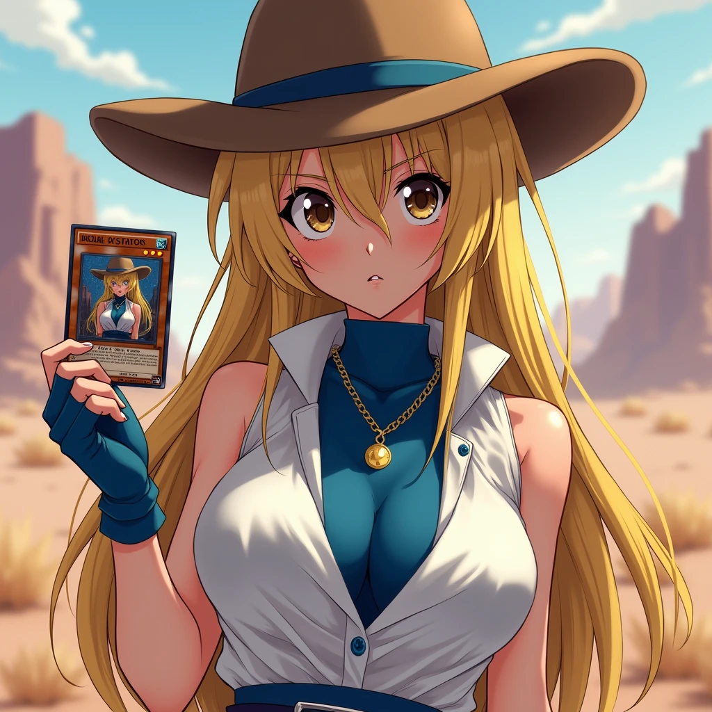 harayu, score_9, score_7_up, source_anime BREAK 1girl, cowboy shot, looking at viewer, uncensored, upper body, close-up,
asukatj_def, brown eyes, blonde hair, long hair, hair between eyes, sleeveless shirt, white shirt, blue gloves, fingerless gloves, blue skirt, turtlneck, holding yugioh card, yugioh card, hand up,
large breasts, skindentation,lips, blush, open mouth, determined,
desert, reflections, hazy sky, __colors__,