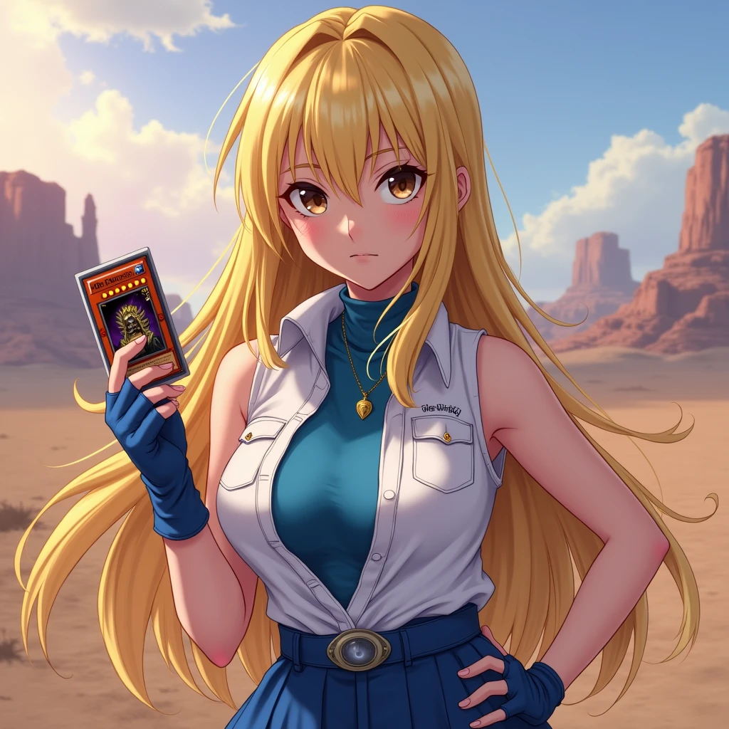 harayu, score_9, score_7_up, source_anime BREAK 1girl, cowboy shot, looking at viewer, uncensored, upper body, close-up,
asukatj_def, brown eyes, blonde hair, long hair, hair between eyes, sleeveless shirt, white shirt, blue gloves, fingerless gloves, blue skirt, turtlneck, holding yugioh card, yugioh card, hand up,
large breasts, skindentation,lips, blush, open mouth, determined,
desert, reflections, hazy sky, __colors__,